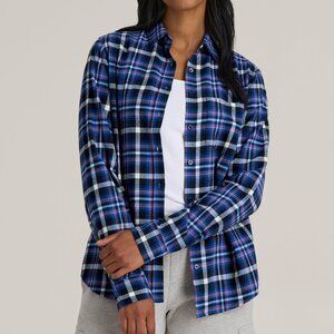 American Tall Flannel Button-Up Shirt for Tall Women in Cobalt, Navy, and Peach